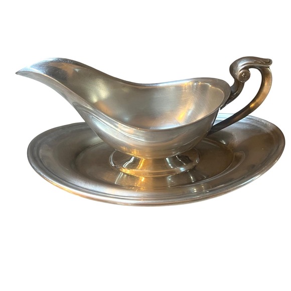 Other - Vintage Pewter/Silverplate Gravy Boat with Attached Underplate Colonial MCM 80's